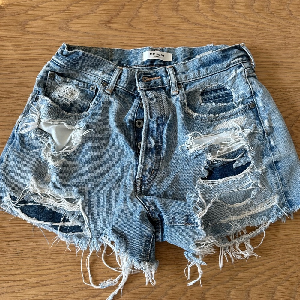 Moussy Ripped Light Blue Jean Shorts